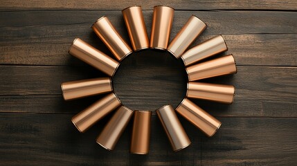 A collection of metallic gold hair perm rollers, placed neatly in a circular formation on a sleek wooden surface