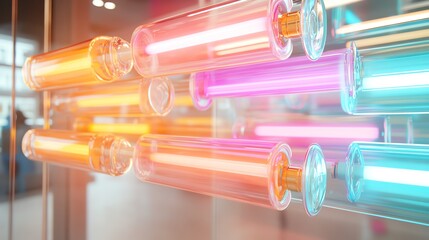 A collection of vibrant neon perm rods, arranged artistically in a spiral pattern on a polished glass surface