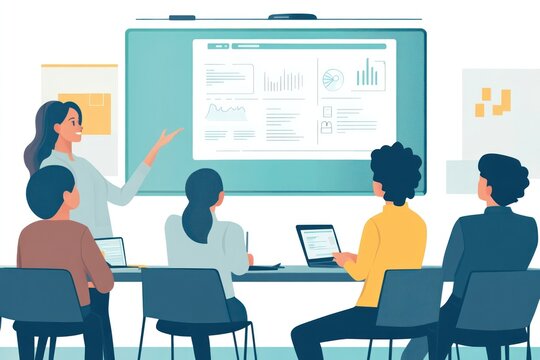 An interactive office training session where a skilled businesswoman explains a complex project on a big screen, engaged employees listening.