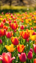 Vibrant pink, orange, and yellow tulips bloom in a sunlit meadow, pastel, macro