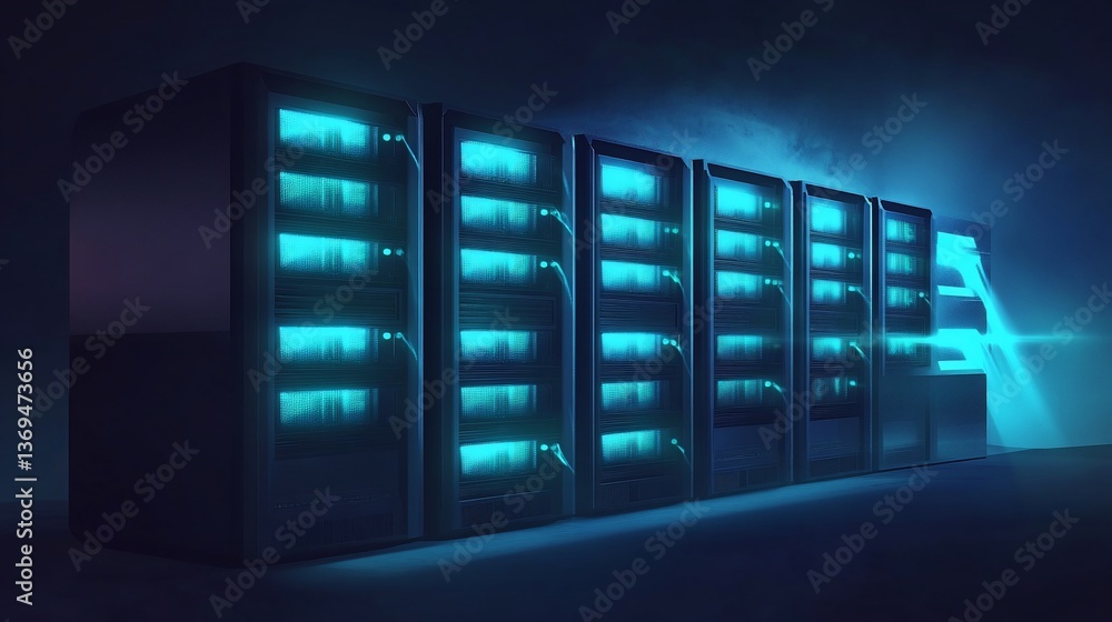 Poster a row of glowing server racks in a dark room with a futuristic look 7 units in total
