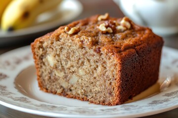 Banana bread slice, moist with visible walnut pieces.