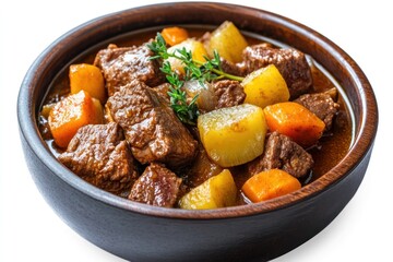 A hearty beef and Guinness stew with tender meat, root vegetables, and rich gravy, isolated on a transparent background.