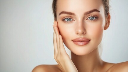 Radiant Woman Gently Touching Her Face with Soft Expression