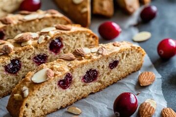 Biscotti with almonds and cranberries, crisp and perfect for dipping in coffee.