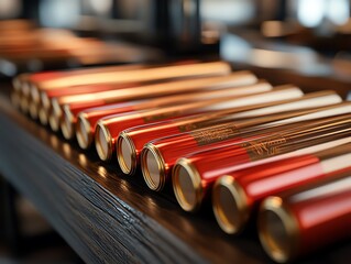 Naklejka premium A luxurious scene featuring bright red and gold spiral perm rods, placed symmetrically on a wooden countertop