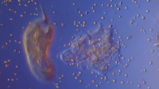 Two Rotifers and one Amoeba in algal bloom-400x DIC microscope differential interference microscopic observation aquatic microorganisms
