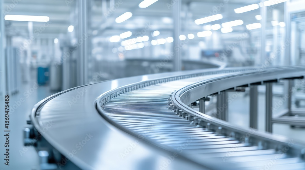 Poster a wide-angle view of an empty assembly line with a smooth, metallic conveyor belt stretching out acr