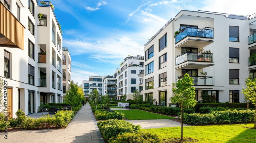 Poster a wide-angle view of a modern apartment complex with clean architectural lines, open spaces, and exp