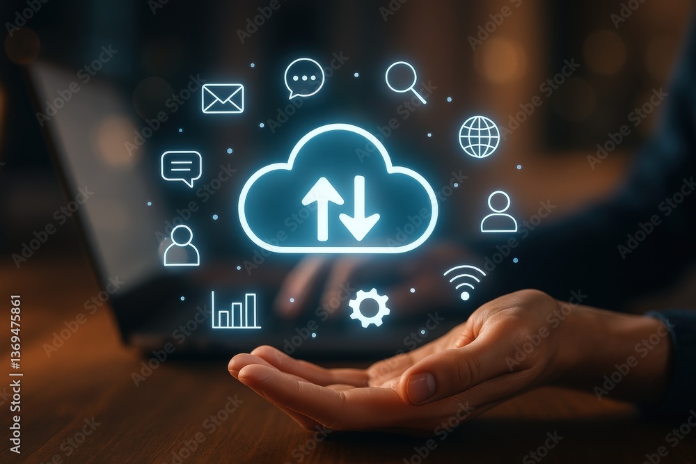 Poster cloud computing in hands: a person's hands cradle a glowing cloud symbol, representing the digital r