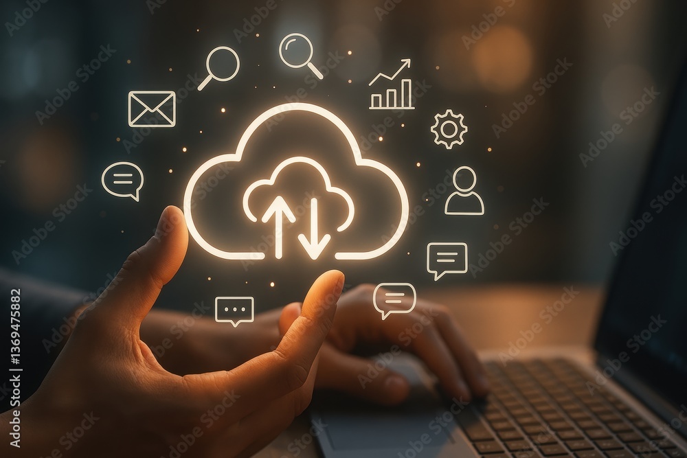 Poster cloud computing in action: a person interacts with a glowing cloud computing interface, illustrating