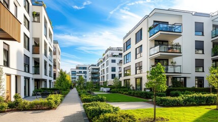A wide-angle view of a modern apartment complex with clean architectural lines, open spaces, and expansive glass windows, located in a green area.