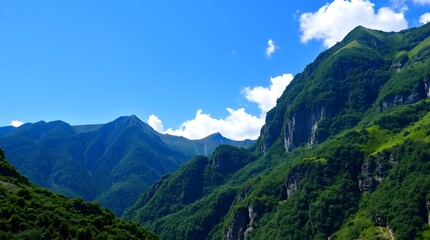 Mountain valley scenery, blue sky, lush forests