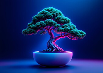 Neon Glow Bonsai in a Minimalist Ceramic Pot