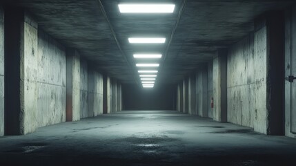 Obraz premium A wide underground tunnel with massive concrete supports, leading through a dark passage, lit by industrial overhead lights.