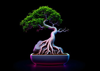 Neon Root-Over-Rock Bonsai in a Minimalist Setting
