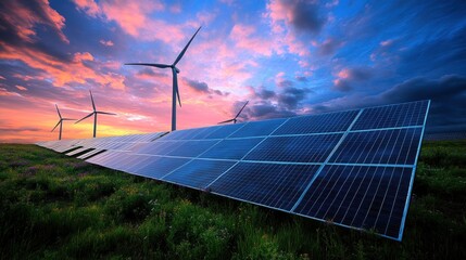 Wind turbines and solar panels at sunset in a field