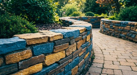 Serene garden path curves gently beside a low stone wall showcasing earthy tones and cool blues under soft sunlight.. AI Generated
