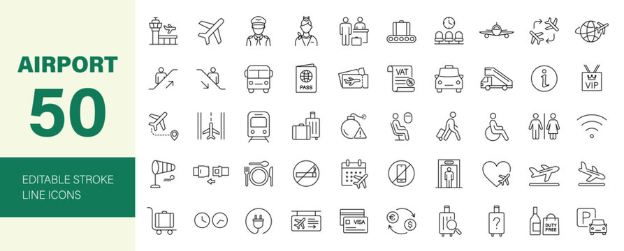Airport icon set. Containing plane, ticket, passport, transport, luggage, travel, landing, check-in, pilot, stewardess, duty free and more. Editable line icons. Vector illustration.