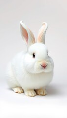 Obraz premium Fluffy white bunny rabbit sits on plain white background, image, lagomorph, easter