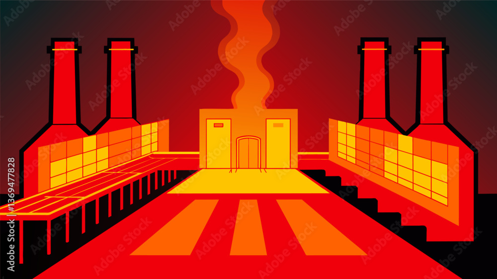 Poster a thermal imaging scan of a factory floor with bright red spots indicating areas of heat loss that c