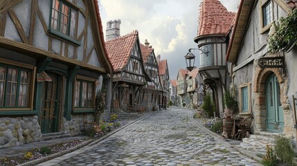 Obraz premium A winding cobblestone street through a medieval European village, surrounded by charming old buildings.
