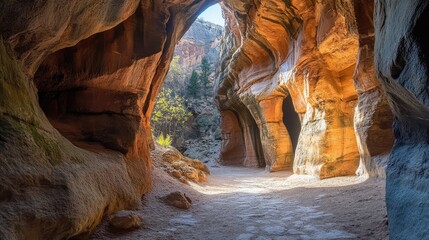 A winding tunnel carved through a mountain, with natural rock formations along the walls and sunlight streaming through the opening.