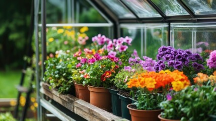Colorful flowers bloom in greenhouse pots.