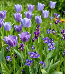 Obraz premium Lush green backdrop, vibrant blue-purple tulips & violets in full bloom, shades, blue flowers