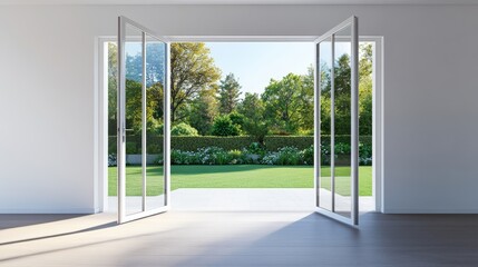 Obraz premium Open Doors to Serenity White Frame Doors View Green Garden from Clean Interior, Minimalism , Interior