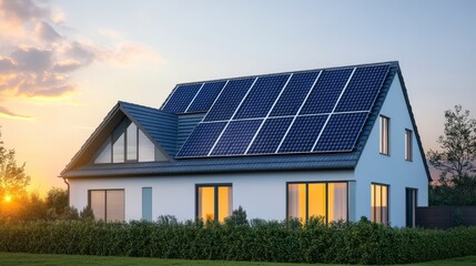 Obraz premium Modern Home with Solar Panels at Sunset - Energy Efficiency, sustainable energy