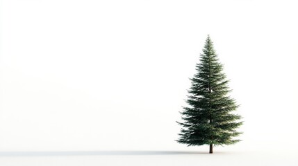 Minimalist Tall Evergreen Tree on White, Solitude , Winter