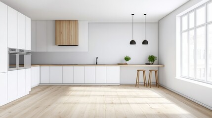 Fototapeta premium Minimalist White Kitchen Wood Accents, Pendant Lights and Bar Stools, Interior , Design