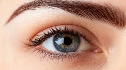 Obraz premium A close-up of a blue eye, beautifully framed by polished eyebrows, captures minute details and radiates an aura of clarity and beauty.