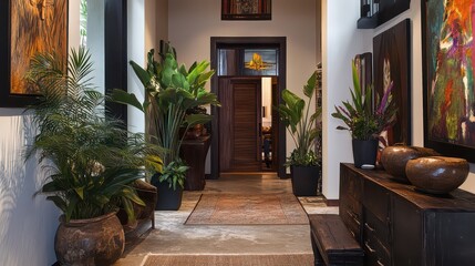 Fototapeta premium Eclectic entryway with a collection of artwork, plants, and unique furniture.