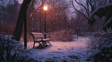 Snowy park bench, lamplight, winter evening.