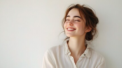 Obraz premium Cheerful Young Woman in Casual Shirt with Smile and Natural Pose