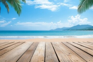 Fototapeta premium Wooden floors and ocean backdrop Suitable for a beach use. The beauty of nature