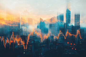 A dynamic cityscape with overlaid financial charts, showing market trends. Illustrates global finance, investment, and economic fluctuations in a modern, urban setting.