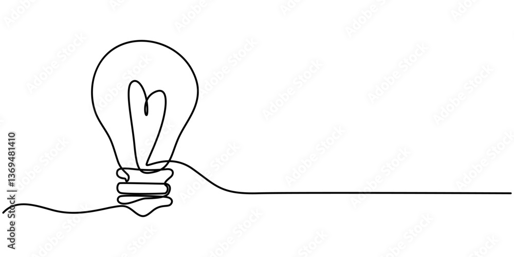 Poster continuous one single minimal line drawing lightbulb, one continuous line illustration of a light bu