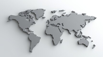 Obraz premium 3D World Map on White, Gray Continents, Global, Geography