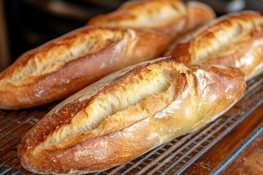 Freshly baked baguette, golden brown with a crispy crust.