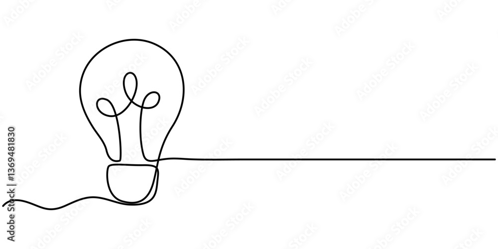 Poster continuous one single minimal line drawing lightbulb, one continuous line illustration of a light bu