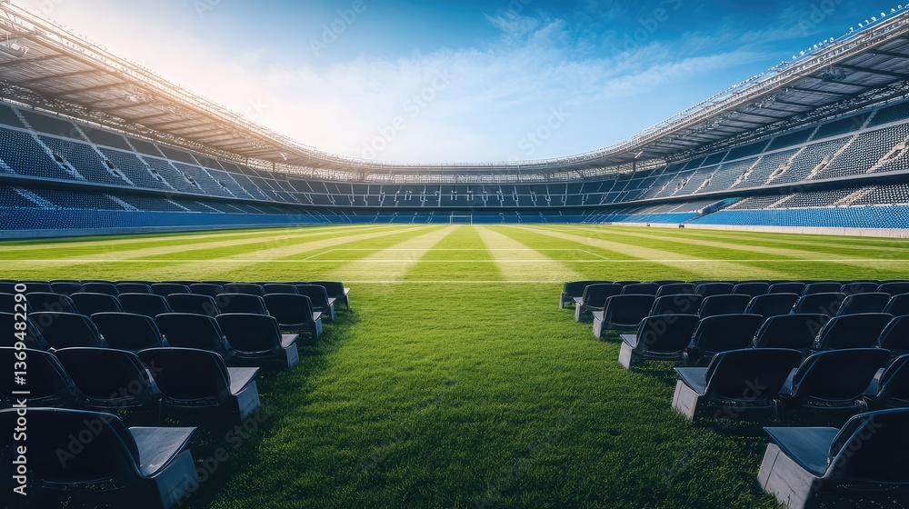 Aufkleber the clean, open seating area of a stadium, with rows of empty seats and a pristine playing field str