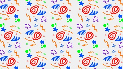 Colorful Abstract Hand Drawn Pattern Bright Stars Swirls Plus Signs Dots Lines Background Design Texture Wallpaper