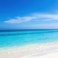 Obraz premium Turquoise water laps a white sand beach under a vibrant blue sky, sun, caribbean