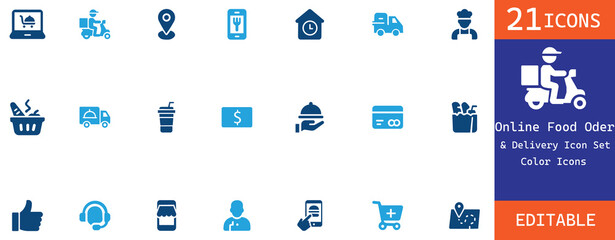 This editable icon set features 21 colorful vector icons representing online food ordering and delivery services. Perfect for mobile apps,  websites, and marketing materials