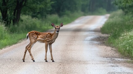 A curious deer stands alert on a gravel road, surrounded by lush greenery, its presence adding a touch of wilderness.