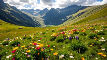 Colorful alpine meadow, mountains, valley, sunlight