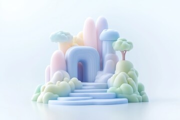 Fototapeta premium Pastel-toned whimsical landscape scene with soft, abstract forms and gentle stairs leading to an archway. Fluffy clouds, rounded hills and trees create a playful, dreamy atmosphere
